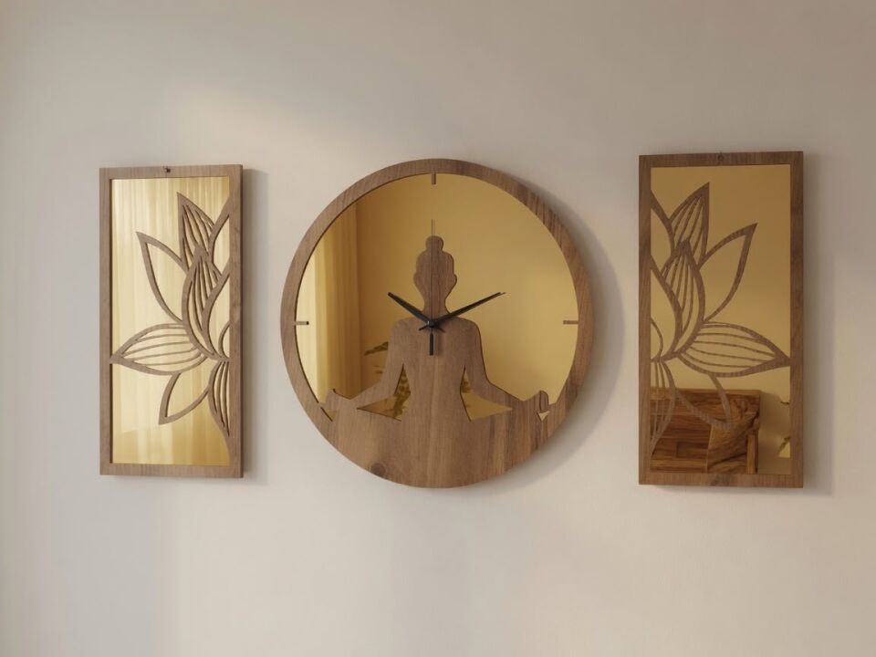 Ergeç Tasarım Lotus Meditasyon Gold Aynalı Pleksi Dekoratif Duvar Saati ve Panel Seti 3 Parça – 50 cm
