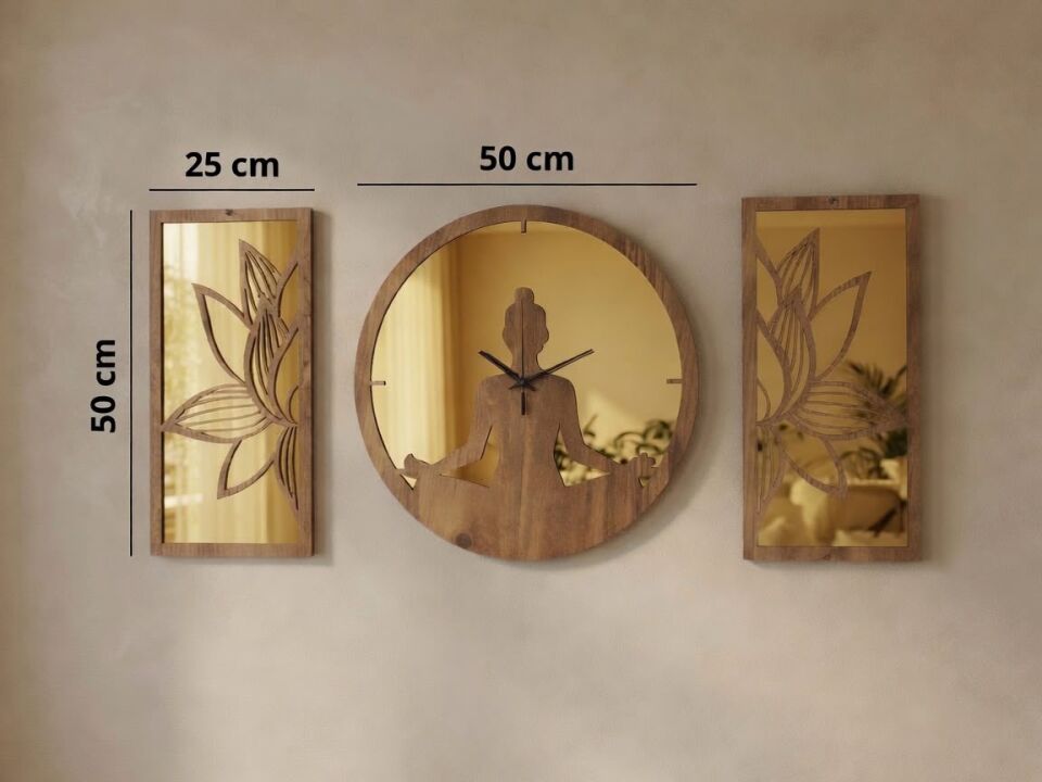 Ergeç Tasarım Lotus Meditasyon Gold Aynalı Pleksi Dekoratif Duvar Saati ve Panel Seti 3 Parça – 50 cm
