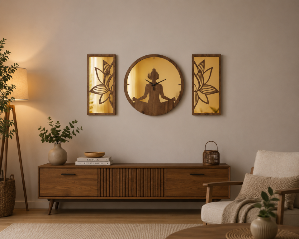 Ergeç Tasarım Lotus Meditasyon Gold Aynalı Pleksi Dekoratif Duvar Saati ve Panel Seti 3 Parça – 50 cm