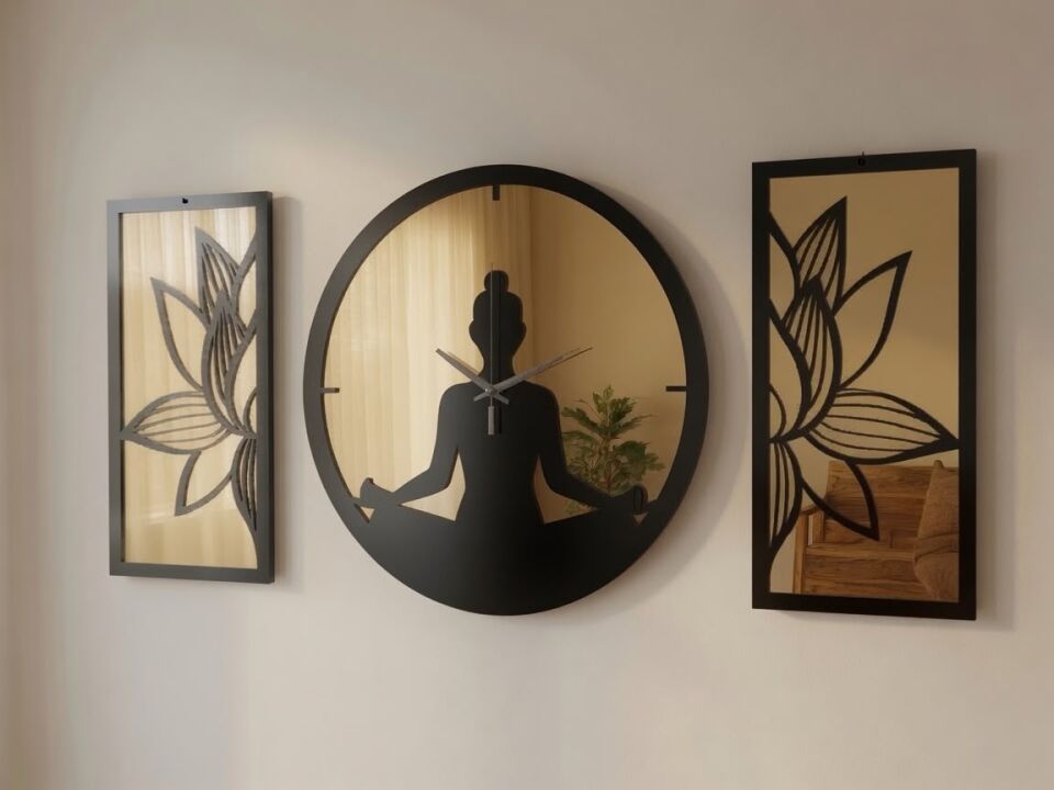 Ergeç Tasarım Lotus Meditasyon Gold Aynalı Pleksi Dekoratif Duvar Saati ve Panel Seti 3 Parça – 50 cm