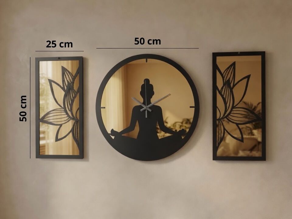 Ergeç Tasarım Lotus Meditasyon Gold Aynalı Pleksi Dekoratif Duvar Saati ve Panel Seti 3 Parça – 50 cm