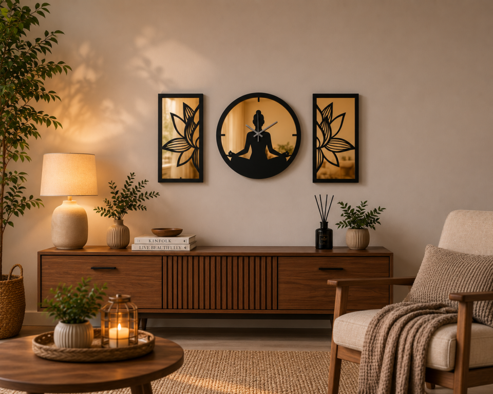 Ergeç Tasarım Lotus Meditasyon Gold Aynalı Pleksi Dekoratif Duvar Saati ve Panel Seti 3 Parça – 50 cm
