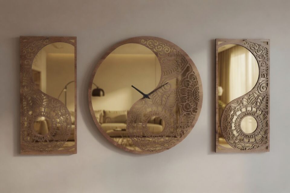 Ergeç Tasarım Denge Serisi Yin Yang Gold Aynalı Pleksi Dekoratif Duvar Saati ve Panel Seti – 50 cm