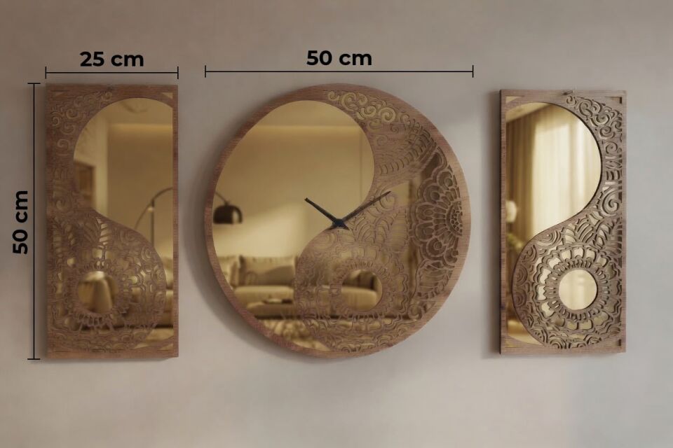 Ergeç Tasarım Denge Serisi Yin Yang Gold Aynalı Pleksi Dekoratif Duvar Saati ve Panel Seti – 50 cm
