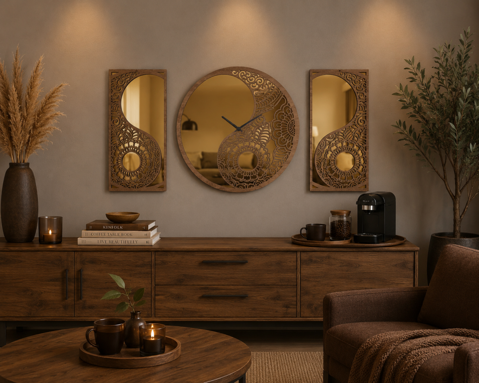Ergeç Tasarım Denge Serisi Yin Yang Gold Aynalı Pleksi Dekoratif Duvar Saati ve Panel Seti – 50 cm