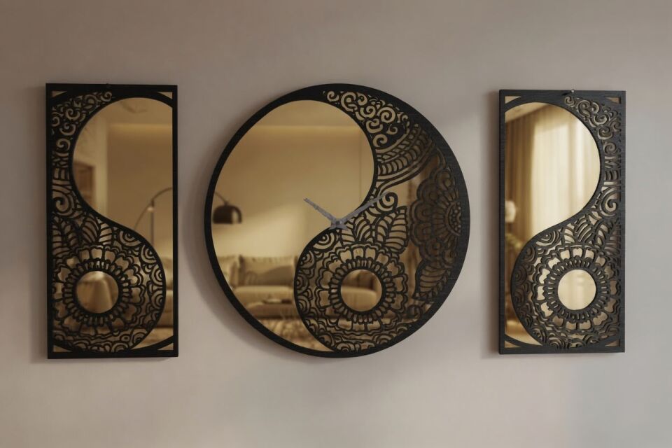 Ergeç Tasarım Denge Serisi Yin Yang Gold Aynalı Pleksi Dekoratif Duvar Saati ve Panel Seti – 50 cm