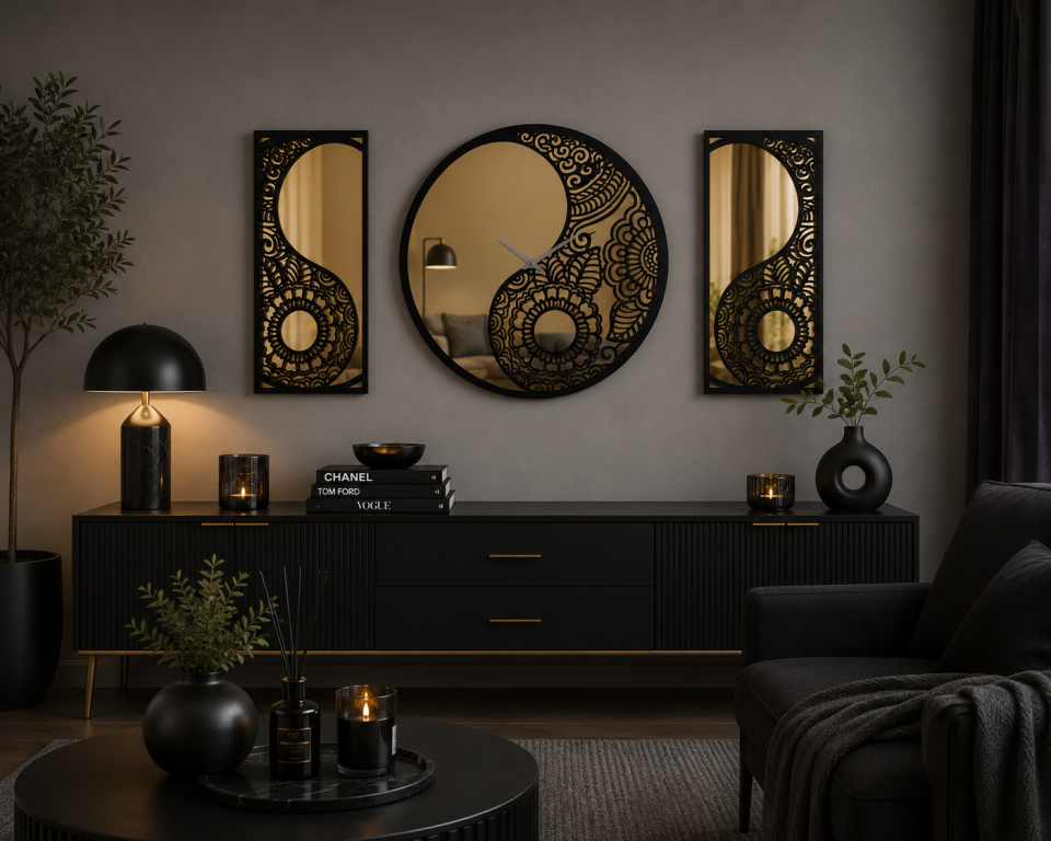 Ergeç Tasarım Denge Serisi Yin Yang Gold Aynalı Pleksi Dekoratif Duvar Saati ve Panel Seti – 50 cm