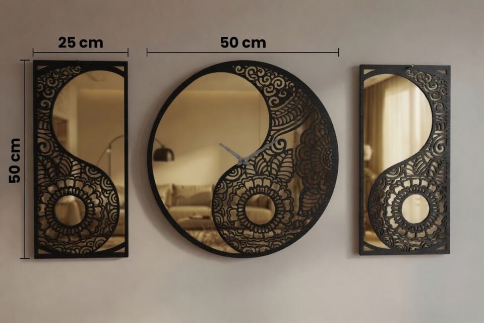 Ergeç Tasarım Denge Serisi Yin Yang Gold Aynalı Pleksi Dekoratif Duvar Saati ve Panel Seti – 50 cm