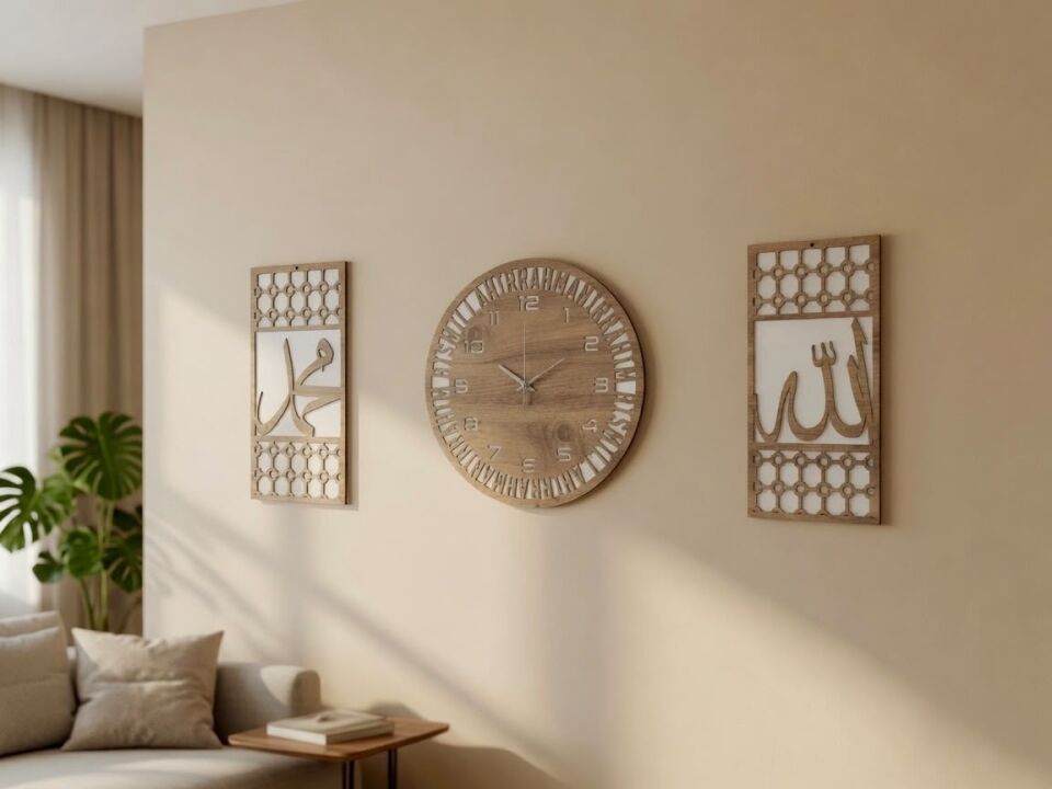 ERGEÇ TASARIM Allah ve Muhammed Yazılı Dekoratif Duvar Saati ve Panel Seti | 50 cm Saat + 2 Adet 25x50 cm Panel | Alt Beyaz & Üst Atlantik Çam